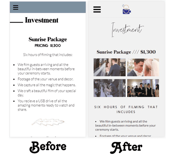 Before and after of Storto Productions' Investment page