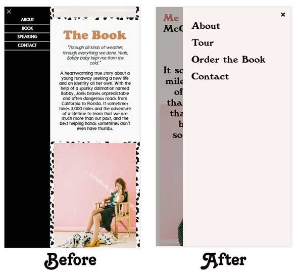Before and after of hamburger menu from Me & Bobby McGee website
