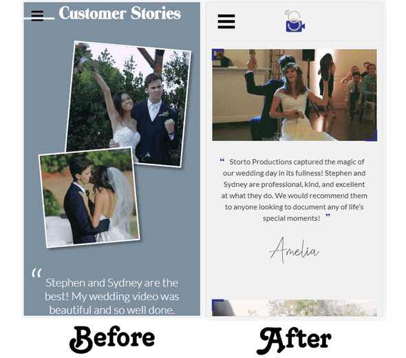 Before and after of Storto Productions' Testimonial page