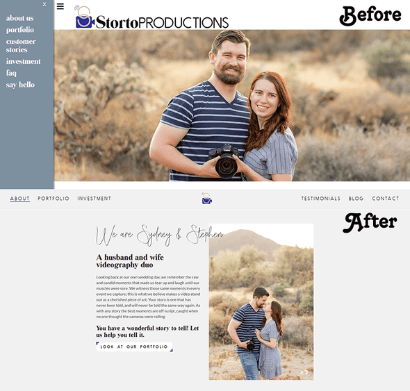 Before and After of About page on Storto Productions website
